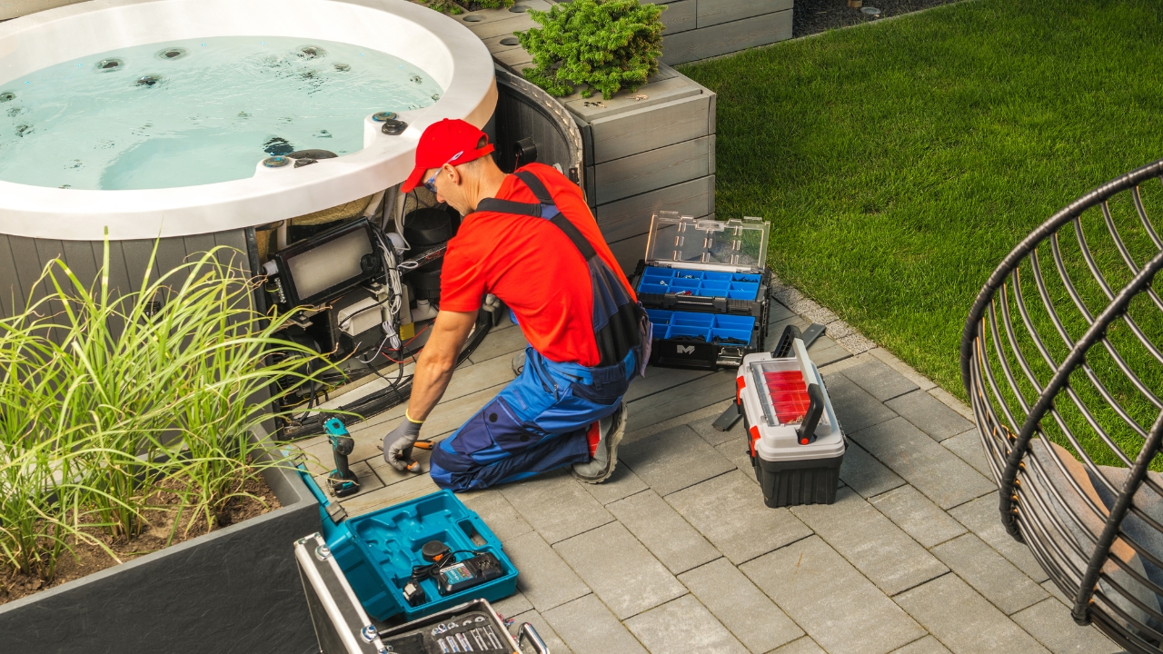 A technician in a red shirt and cap is performing hot tub maintenance service