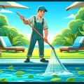 DALL·E-2024-04-21-21.47.09-Animated-movie-style-illustration-of-a-pool-technician-cleaning-a-pool.-The-technician-wearing-a-casual-uniform-uses-a-long-net-to-remove-leaves-fro