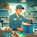 DALL·E-2024-04-21-21.47.19-Animated-movie-style-illustration-of-a-pool-technician-taking-care-of-pool-equipment.-The-technician-wearing-a-uniform-is-examining-a-pool-filter-in